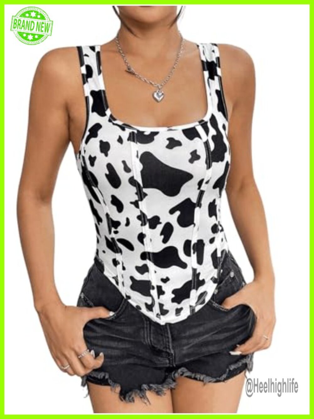 Cow Print Square Neck Sleeveless Curved Hem Casual Summer Tank Top